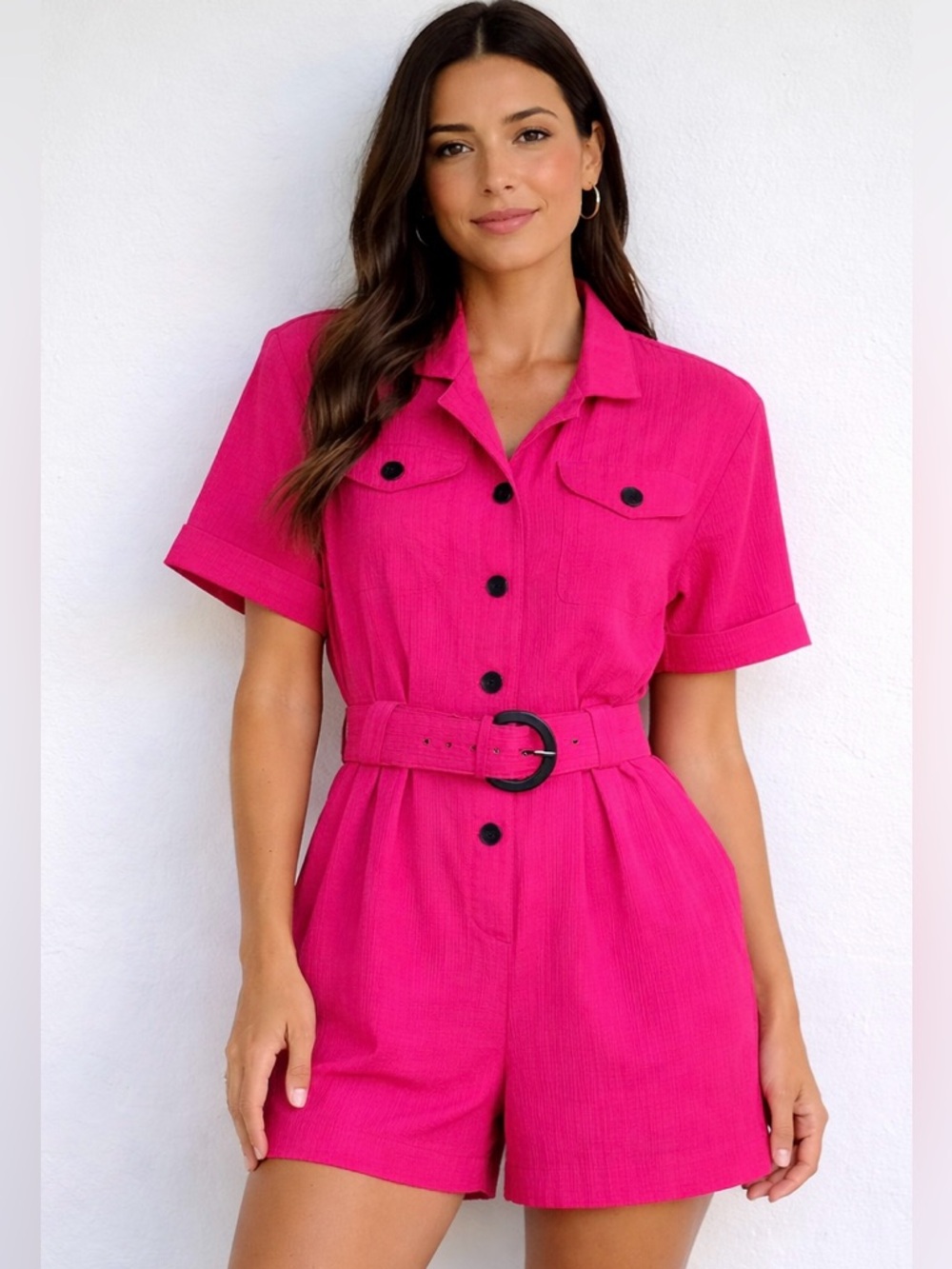 Hot Pink Belted Romper with Pockets | Button Front | Collared Mini | Size 4
